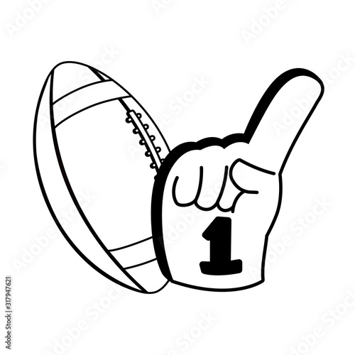 american football ball with hand glove on white background