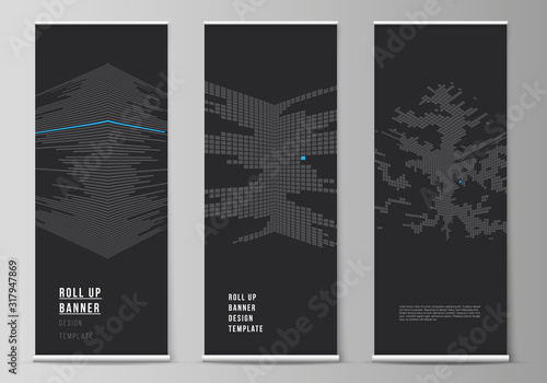 The vector illustration of the editable layout of roll up banner stands, vertical flyers, flags design business templates. Abstract big data visualization concept backgrounds with cubes.