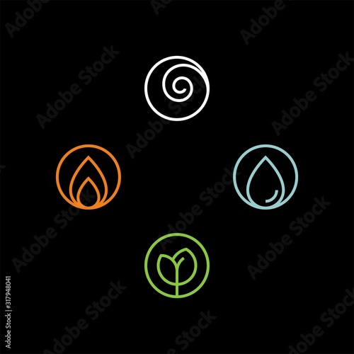 4 elements flat vector icons. Water, fire, earth, air flat vector icons