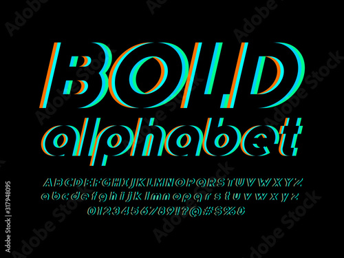 Vector glitch display font design with uppercase, lowercase, numbers and symbol