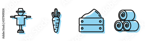 Set line Wooden box with harvest, Scarecrow, Carrot and Roll of hay icon. Vector