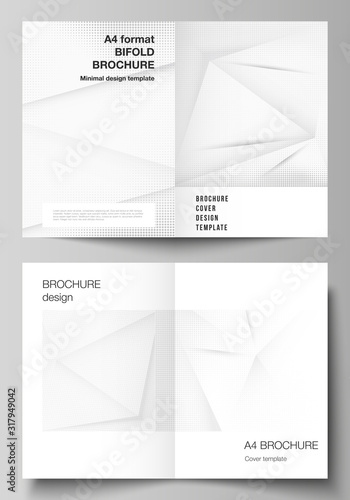 Vector layout of two A4 cover mockups design templates for bifold brochure, flyer, cover design, book design, brochure cover. Halftone dotted background with gray dots, abstract gradient background.