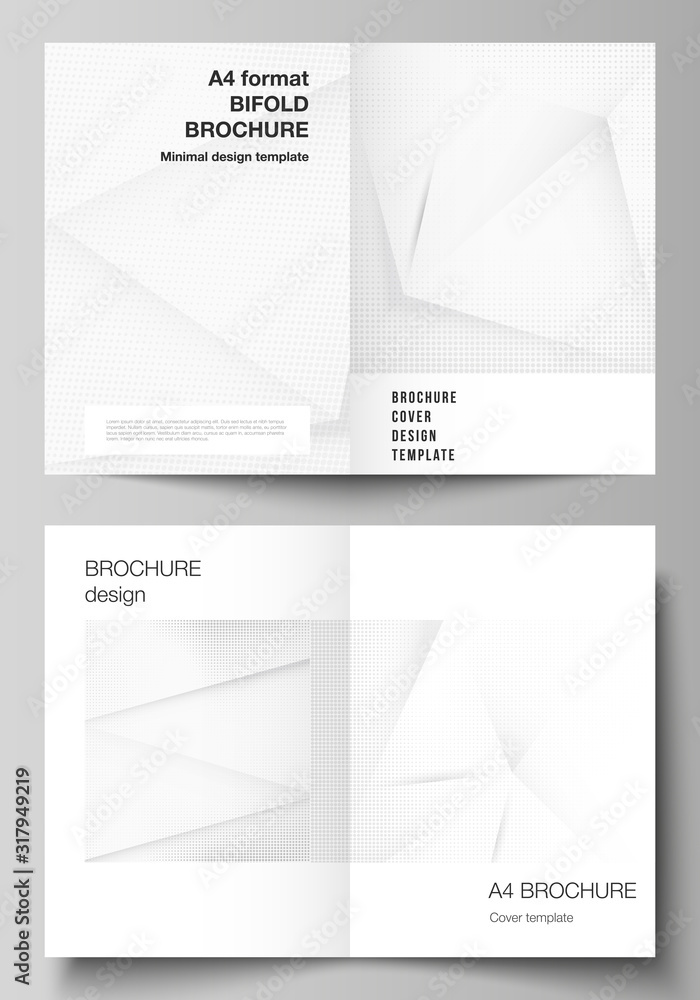 Vector layout of two A4 cover mockups design templates for bifold brochure, flyer, cover design, book design, brochure cover. Halftone effect decoration with dots. Dotted pop art pattern decoration. Vector layout of two A4 cover mockups design templates for bifold brochure, flyer, cover design, book design, brochure cover. Halftone effect decoration with dots. Dotted pop art pattern decoration.