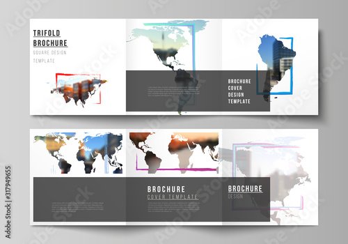 Vector layout of square format cover templates for trifold brochure, flyer, cover design, book design, brochure cover. Design template in the form of world maps and colored frames, insert your photo.
