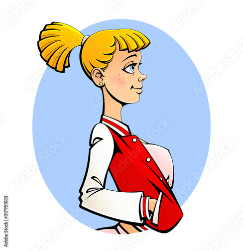 Girl teenager, schoolgirl, student. Portrait, avatar, emblem. Comic book style.