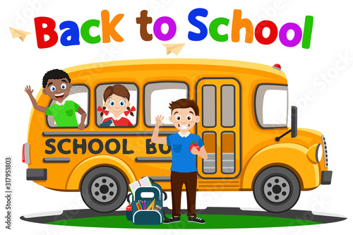 Children get on the school bus on a white. Back to school.
