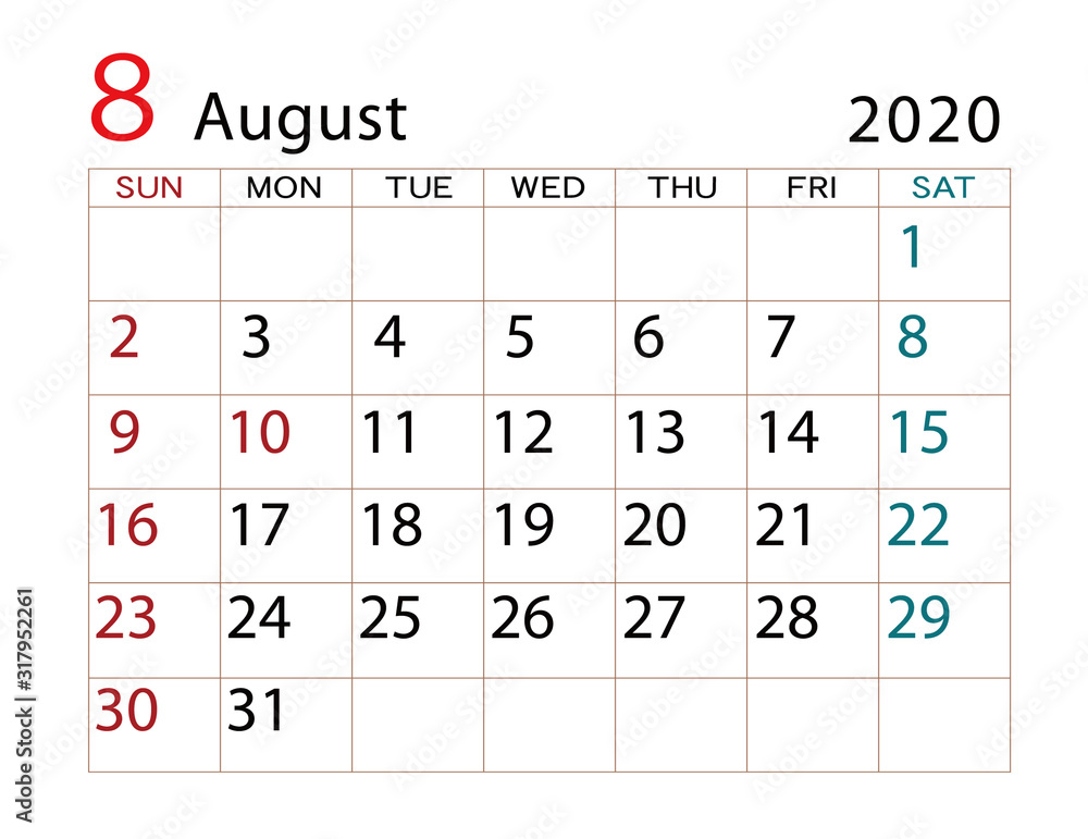 2020年カレンダー 8月 2020年カレンダー 8月
