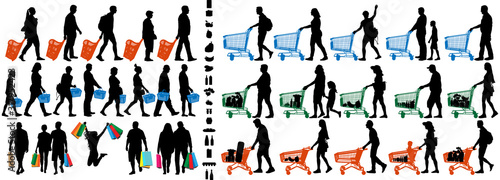 Shopper silhouette. People with shopping carts and grocery baskets. Vector silhouette set