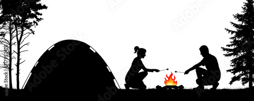 Young people camping in nature near the tent. Man and woman are frying marshmallows at the stake. Trekking in the forest. Silhouette vector illustration