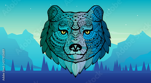Head of the growling bear.  African / indian design. Mountain landscape. Forest mountains in the background. Picture for conversion. Patterned bear with a black stroke. Tribal ornament. Vector image