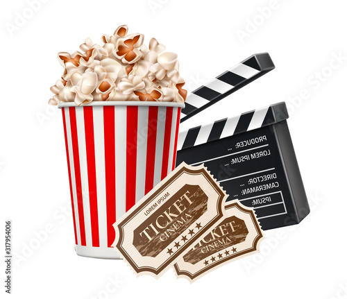 Vector cinema poster popcorn clapper board tickers