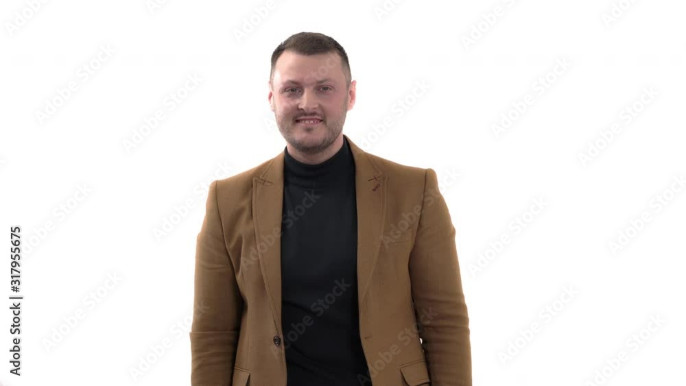 Cheerful man pointing with index fingers to the camera. Hey you! sign. Isolated, on white background Cheerful man pointing with index fingers to the camera. Hey you! sign. Isolated, on white background