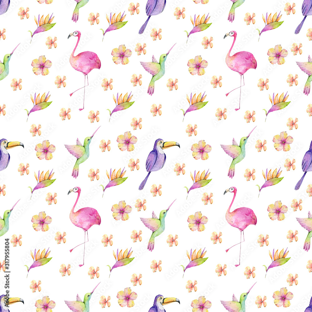 Tropical birds toucan caliber flamingo flowers birds of paradise watercolor illustration seamless pattern on a white background