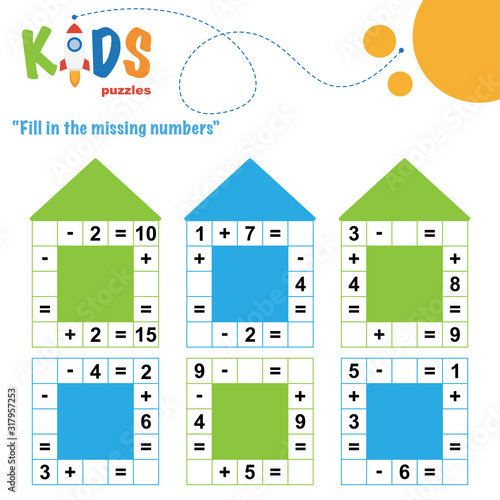 Fill in the missing numbers. Easy colorful math crossword puzzles for preschool, elementary and middle school kids.