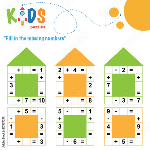Fill in the missing numbers. Easy colorful math crossword puzzles for preschool, elementary and middle school kids.