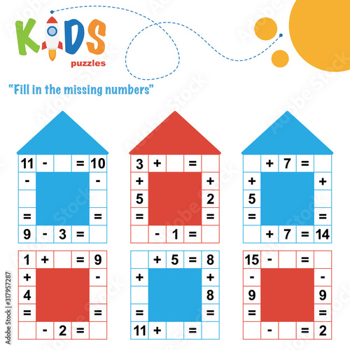 Fill in the missing numbers. Easy colorful math crossword puzzles for preschool, elementary and middle school kids.