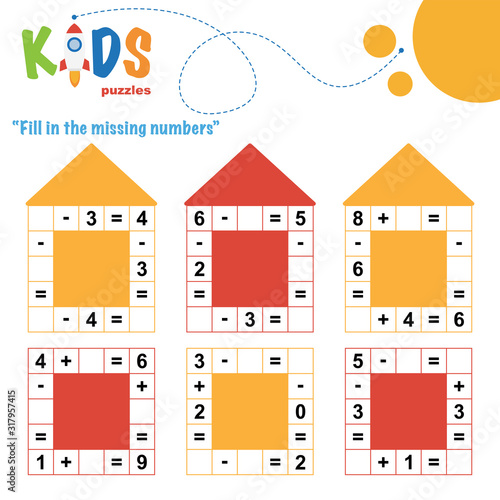 Fill in the missing numbers. Easy colorful math crossword puzzles for preschool, elementary and middle school kids.