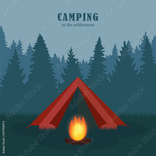 camping in the wilderness red tent in forest with campfire vector illustration EPS10