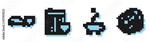 Set line Piggy bank with coin, Car with shield, House with shield and Crumpled paper ball icon. Vector