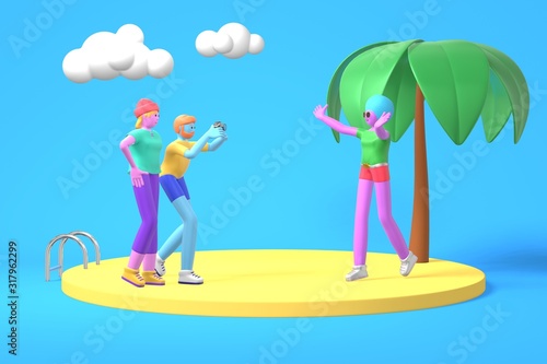 3D rendering cartoon characters a guy and two girls with blue, pink, purple skin photographs on the background of palm trees and the sea. Minimal sea beach concept. Bright color illustration.
