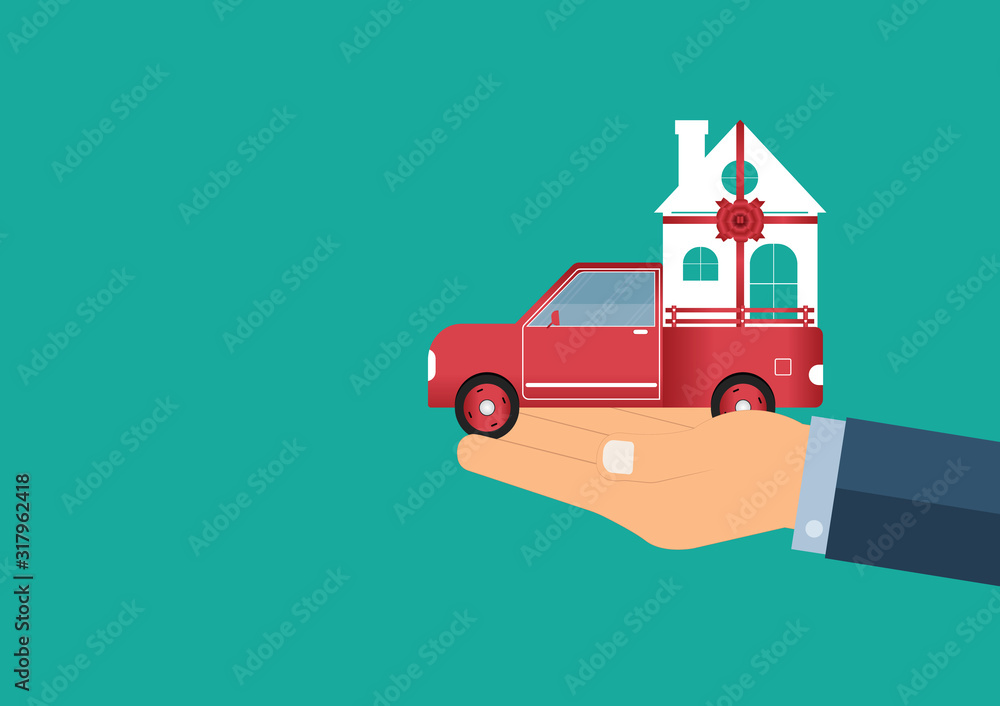 Real estate and Gift new home concept, Vector illustration of Businessman holding Model house with red ribbon on the car with on green background, Finance and Banking Real estate and Gift new home concept, Vector illustration of Businessman holding Model house with red ribbon on the car with on green background, Finance and Banking