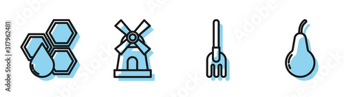 Set line Garden rake, Honeycomb, Windmill and Pear icon. Vector