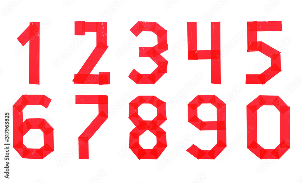 Set of numbers from red scotch tape isolated on a white background Set of numbers from red scotch tape isolated on a white background