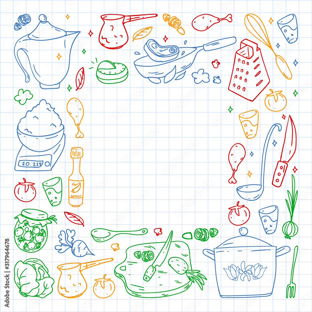 Pattern with gastronomy icons, vector cuisine and fast food cafe bright background for menu, receipts. Colorful, pictures on a sheet of checkered paper on a white background.