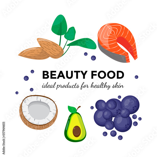 Useful food for healthy beautiful skin. Red fish, salmon, almonds, coconut, blueberries, avocado, spinach on white background. Healthy lifestyle, healthy eating.