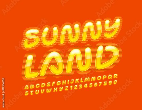 Vector bright sign Sunny Land with creative yellow Font. Shiny Alphabet Letters and Numbers