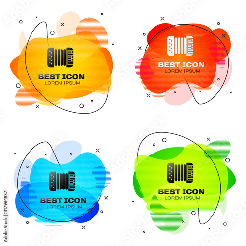 Black Musical instrument accordion icon isolated on white background. Classical bayan, harmonic. Set abstract banner with liquid shapes. Vector Illustration