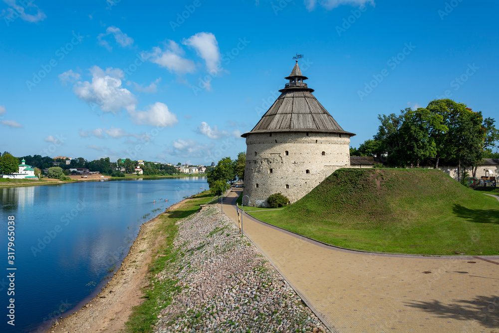 Pskov, Velikaya river embankment and Pokrovskaya tower of the Roundabout city