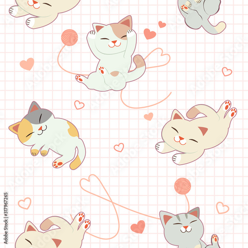 The seamless pattern of cute cat and heart and yarn. The character of cute cat with yarn and heart. The pattern of heart and yarn. The character of cute cat in flat vector style.
