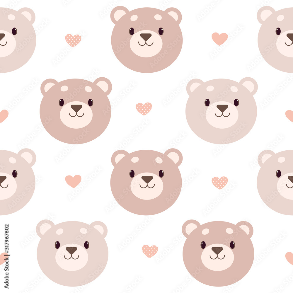 The seamless pattern of bear and heart on the white background. The character of cute bear with heart and polka dot heart. The character of cute bear in flat vector style. The seamless pattern of bear and heart on the white background. The character of cute bear with heart and polka dot heart. The character of cute bear in flat vector style.