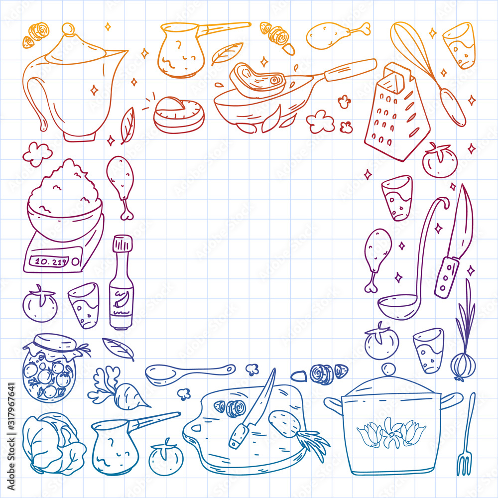 Vector set of cooking, gastronomy, vector cuisine and fast food cafe icons in doodle style. Painted, colorful, gradient, on a sheet of checkered paper on a white background.