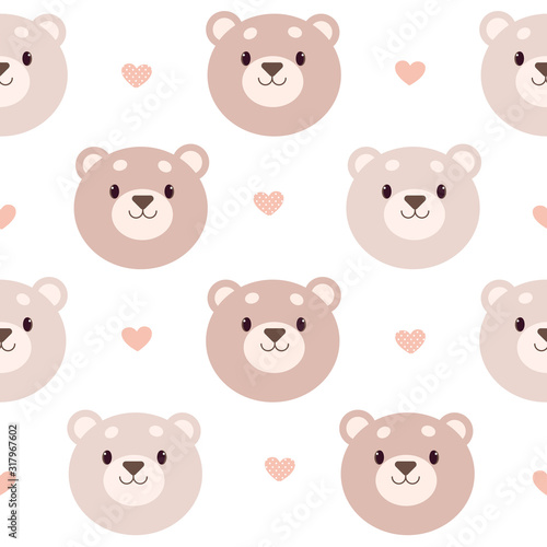 The seamless pattern of bear and heart on the white background. The character of cute bear with heart and polka dot heart. The character of cute bear in flat vector style.