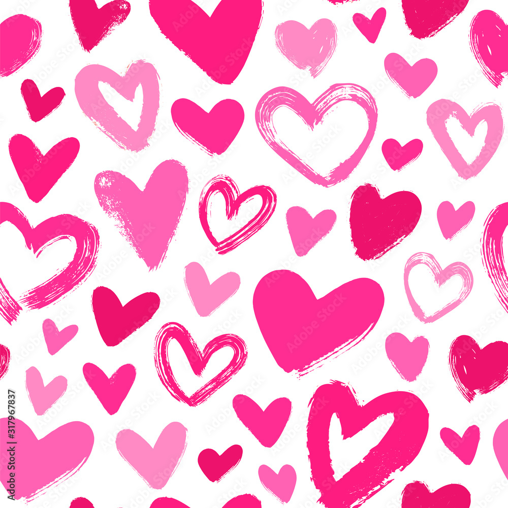 Valentines Day background. Seamless vector pattern with pink brush strokes hearts.