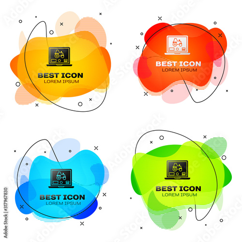 Black Laptop application for control a autonomous tractor on a smart farm icon isolated on white background. Smart agriculture implement. Set abstract banner with liquid shapes. Vector Illustration