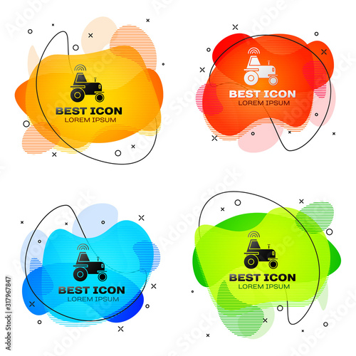Black Self driving wireless tractor on a smart farm icon isolated on white background. Smart agriculture implement element. Set abstract banner with liquid shapes. Vector Illustration