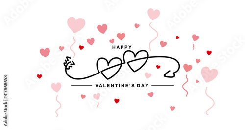 Happy Valentines Day handwritten two hearts with arrow line design red pink hearts white greeting card