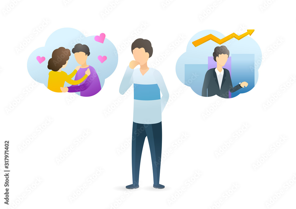 Family versus career flat vector illustration. Man making important decision cartoon character. Lifestyle choice, businessman or husband. Guy choosing between love and professional success.
