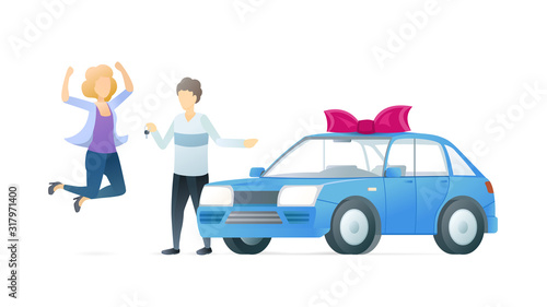 Birthday, anniversary present flat vector illustration. Husband holding keys and excited wife cartoon characters. Couple celebrating new automobile purchase. Expensive surprise gift, personal auto.