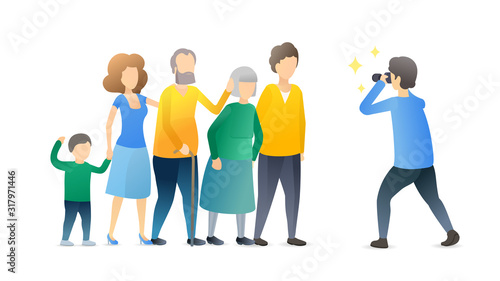 Family posing for group photo flat vector illustration. Little child with parents and grandparents cartoon characters. Relatives standing together, photographer taking picture. Memory, bonding concept