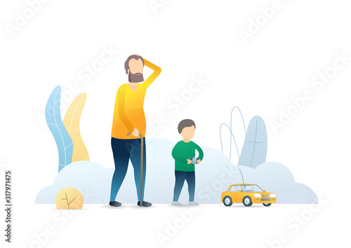 Grandfather with grandson flat vector illustration. Senior adult and little boy cartoon characters. Grandparent and grandchild spend time together. Kid playing with remote control toy car.