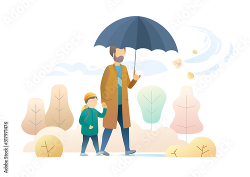 Father taking son to school flat vector illustration. Little boy with rucksack and dad with umbrella holding hands cartoon characters. Back to school, parent and child on outdoor stroll together.