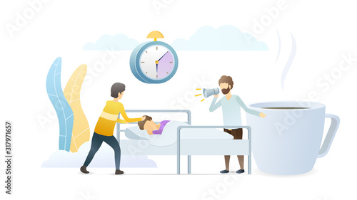 Friends waking up man flat vector illustration. Sleepy guy and people trying to get him up cartoon characters. Morning awakening, deep sleep, exhaustion concept. Sleepiness, somnolence metaphor.