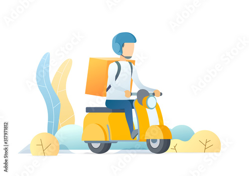 Express food delivery flat vector illustration. Young delivery boy riding scooter cartoon character. Urban courier service, orders transportation business concept. Postman delivering lunch.