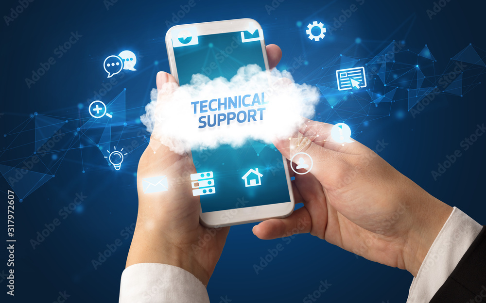 Female hand holding smartphone with TECHNICAL SUPPORT inscription, cloud technology concept Female hand holding smartphone with TECHNICAL SUPPORT inscription, cloud technology concept