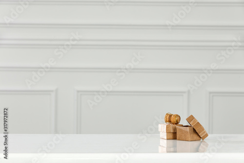 White desk and small gift.Valentine day and copy space 