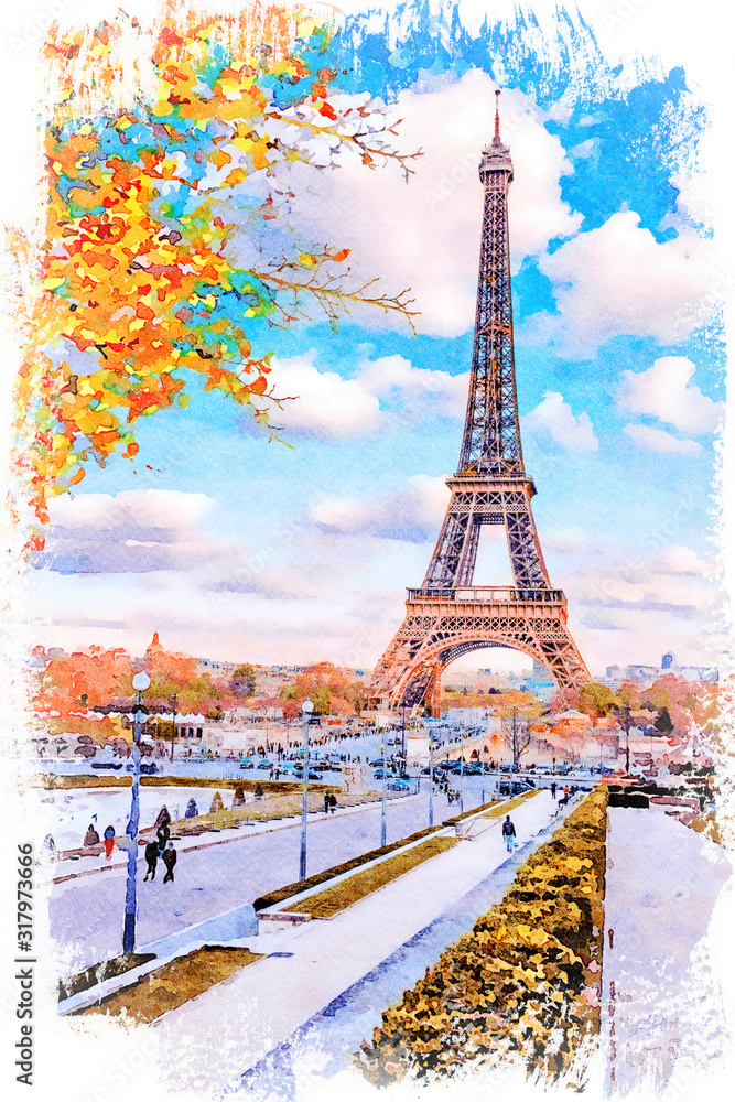 Beautiful Digital Watercolor Painting of the Eiffel Tower in Paris, France.	